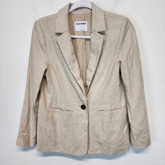 Old Navy Linen Blazer Lady Jacket Size XS Beige Slash Pockets 1 Button Neutral - Picture 1 of 11